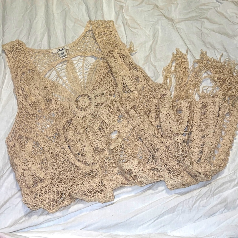 Tan long crochet vest